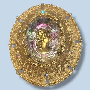 Vintage Intaglio Glass Cameo Pin Pendant Aurora Borealis Rhinestones Gold Tone